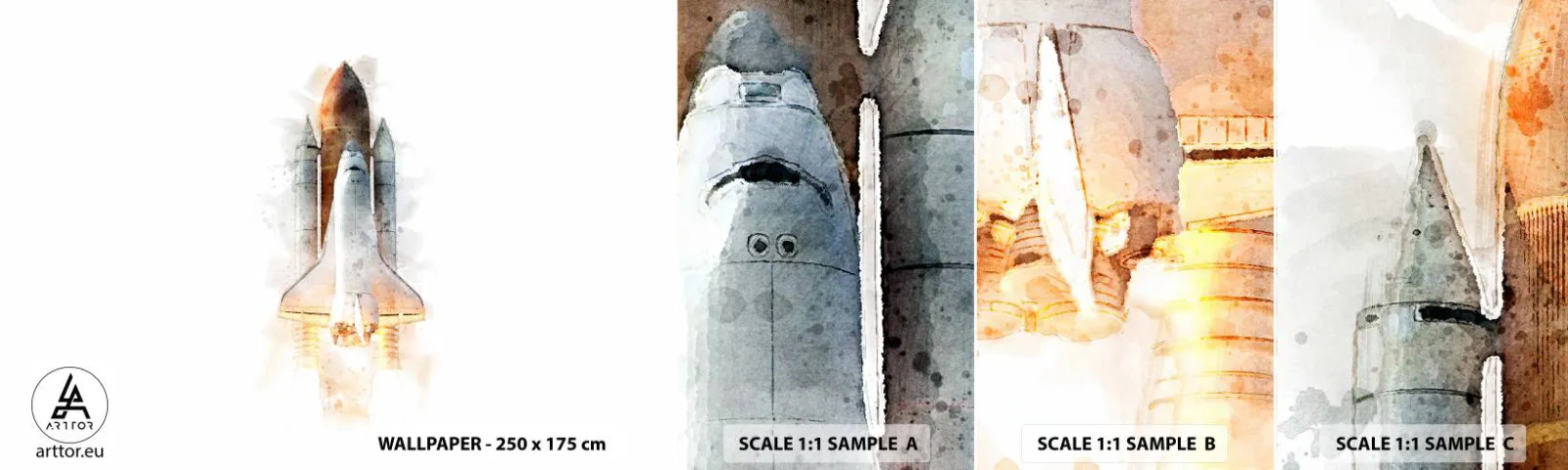 Vzorka samolepiacej fototapety Deluxe Sticker - Prieskumníci do toho - Vesmírna raketa, Kozmos, Minimalizmus - 100x30 cm