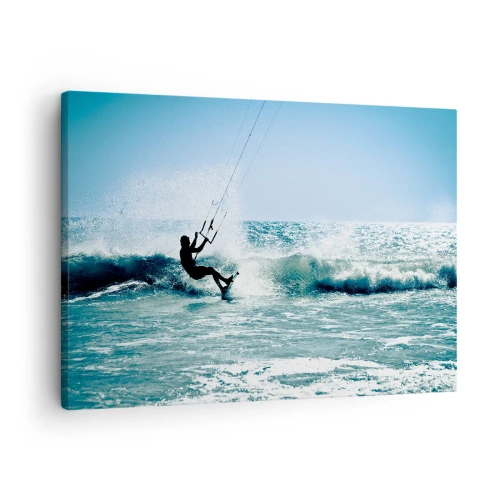 Obraz na plátne - Kitesurfer jazdiaci na vlne na plnom slnku - 70x50cm - Nechajte sa uniesť - Moderná nástenná dekorácia do obývacej izby a spálne ARTTOR