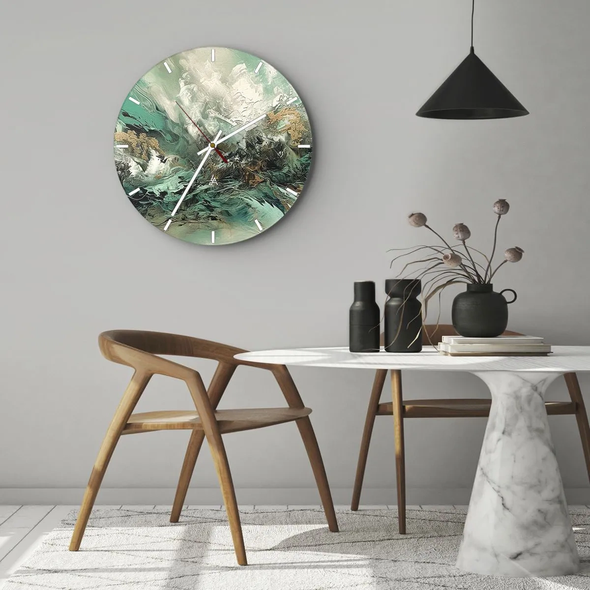 Nástenné hodiny - Dynamická abstrakcia v zelenej, bielej a zlatej farbe - 30x30cm - Smaragdovočierne vlnobitie - Moderná nástenná dekorácia do obývacej izby, kuchyne a spálne ARTTOR