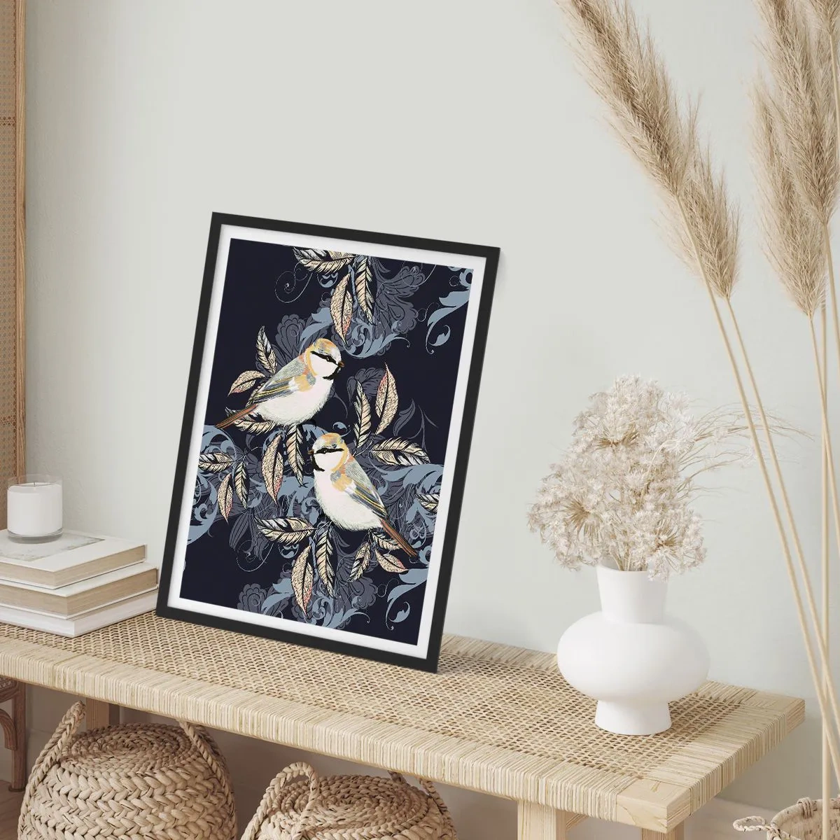 Plagát v čiernom ráme - Dva vtáky na pozadí ozdobných listov a ozdôb - 50x70cm - Žltomodrá pieseň - Moderná nástenná dekorácia do obývacej izby a spálne ARTTOR
