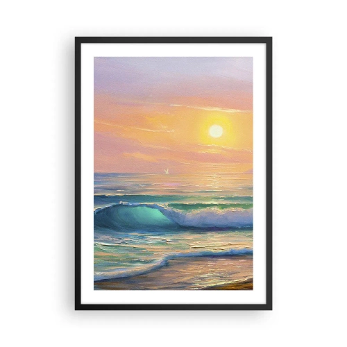 Plagát v čiernom ráme - Slnečný západ slnka nad pokojným oceánom - 50x70cm - Tyrkysová pieseň vĺn - Moderná nástenná dekorácia do obývacej izby a spálne ARTTOR