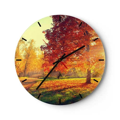 Nástenné hodiny - Jesenná krajina so stromom s červenými listami v parku - 30x30cm - Červené je krásne - Moderná nástenná dekorácia do obývacej izby, kuchyne a spálne ARTTOR