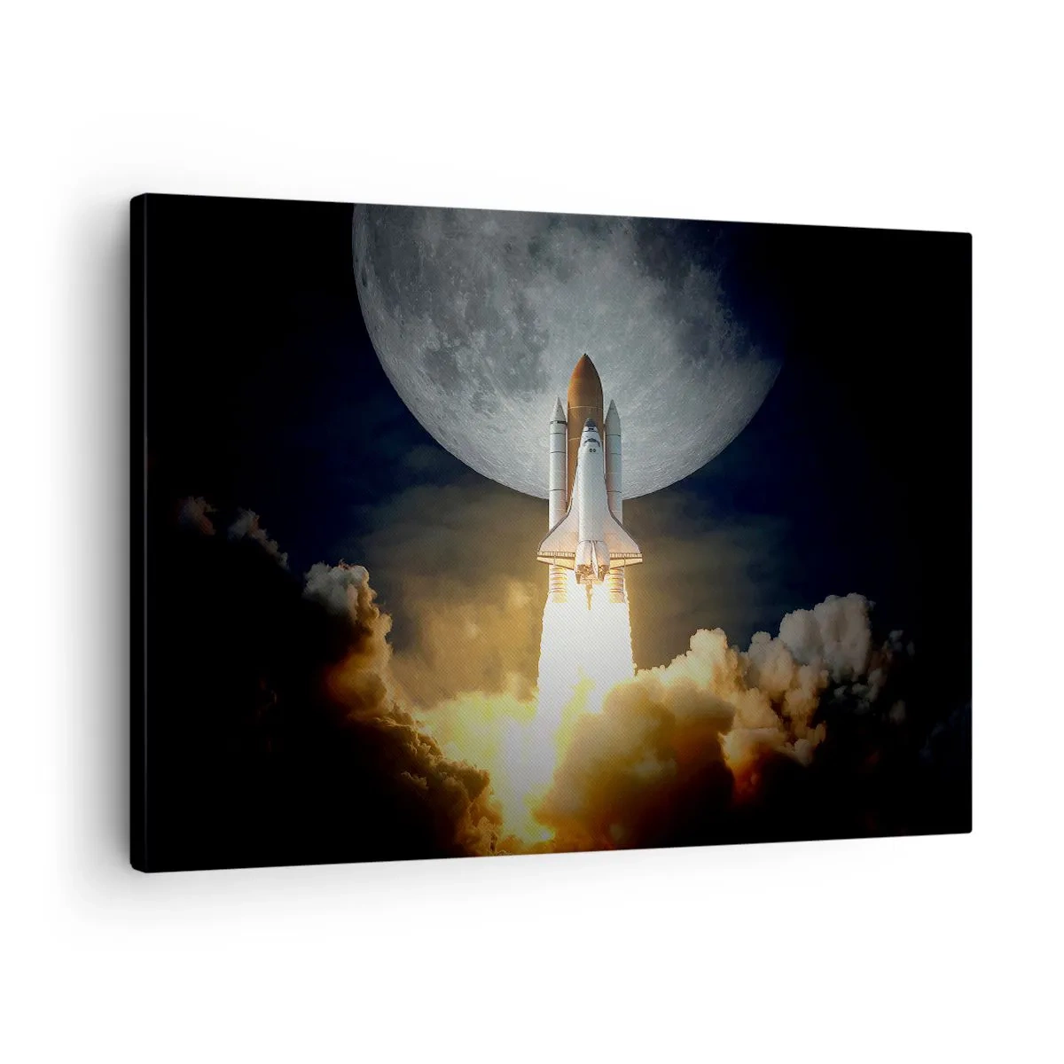 Obraz na plátne - Raketa štartujúca na pozadí splnu obklopeného dynamickými oblakmi. - 70x50cm - Začiatok nadprirodzeného dobrodružstva - Moderná nástenná dekorácia do obývacej izby a spálne ARTTOR