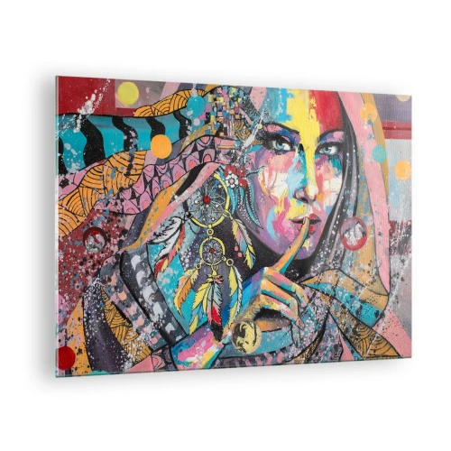 Obraz na skle - Farebný portrét ženy s etnickými motívmi a perím - 70x50cm - Mlč, než pochopíš - Moderná nástenná dekorácia do obývacej izby a spálne ARTTOR