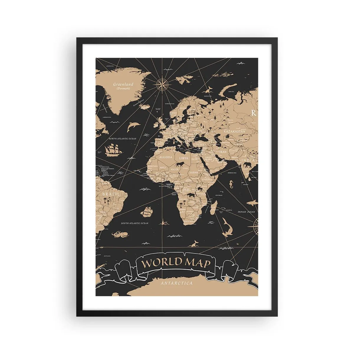Plagát v čiernom ráme - Štylizovaná mapa sveta vo vintage farbách - 50x70cm - Hranice môjho sveta - Moderná nástenná dekorácia do obývacej izby a spálne ARTTOR