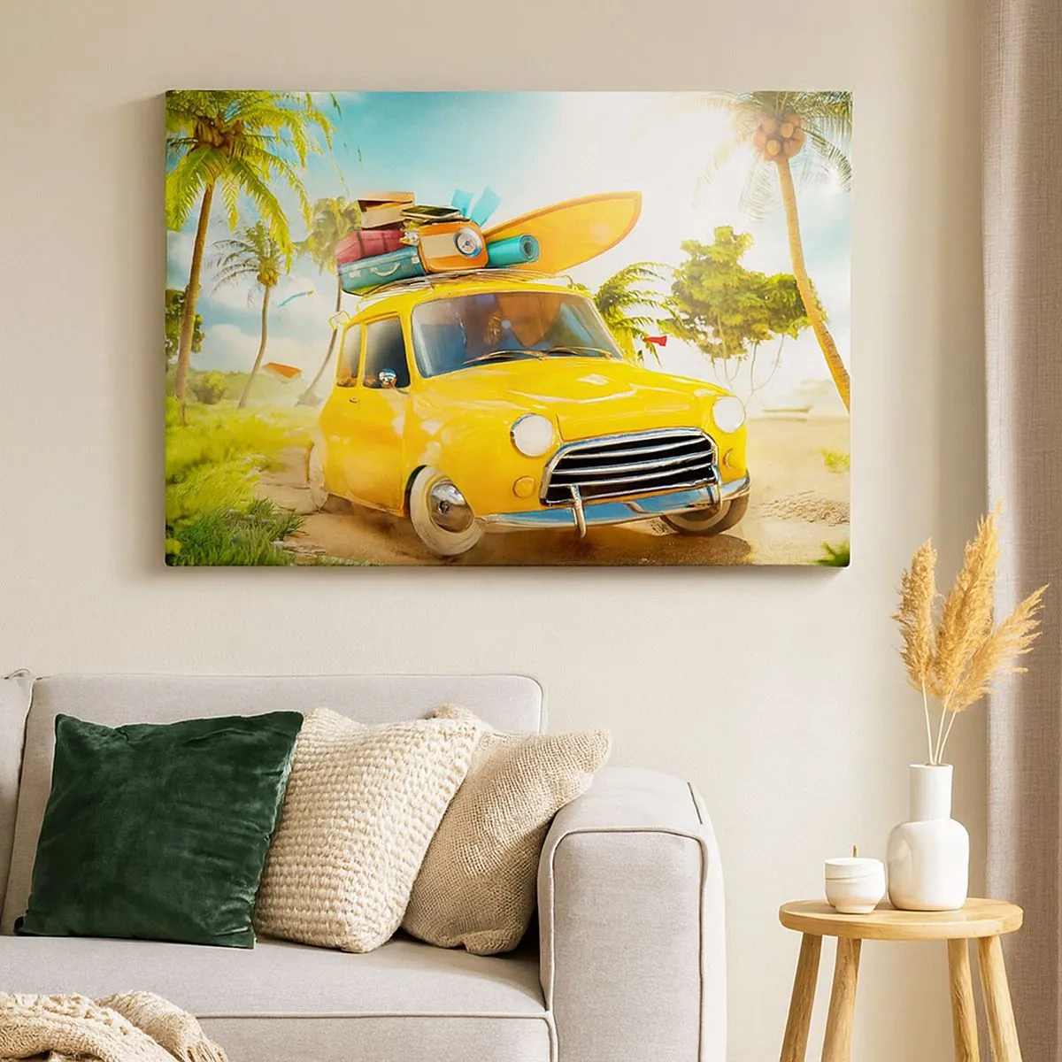 Obraz na plátne - Žlté auto s batožinou na pozadí tropickej krajiny - 70x50cm - Cesta pre viac ako jeden úsmev - Moderná nástenná dekorácia do obývacej izby a spálne ARTTOR