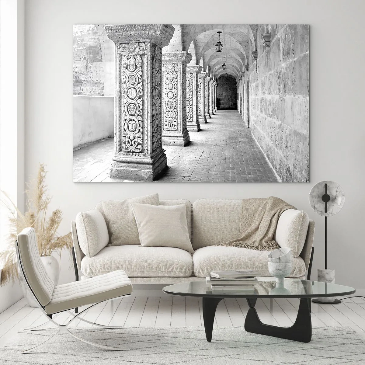 Obraz na skle - Historický kláštor s vyrezávanými stĺpmi - 70x50cm - Kam…? - Moderná nástenná dekorácia do obývacej izby a spálne ARTTOR