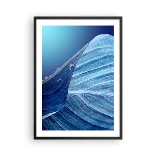 Plagát v čiernom ráme - List s kvapkami vody v odtieňoch modrej - 50x70cm - Skryté kvapky modrej - Moderná nástenná dekorácia do obývacej izby a spálne ARTTOR