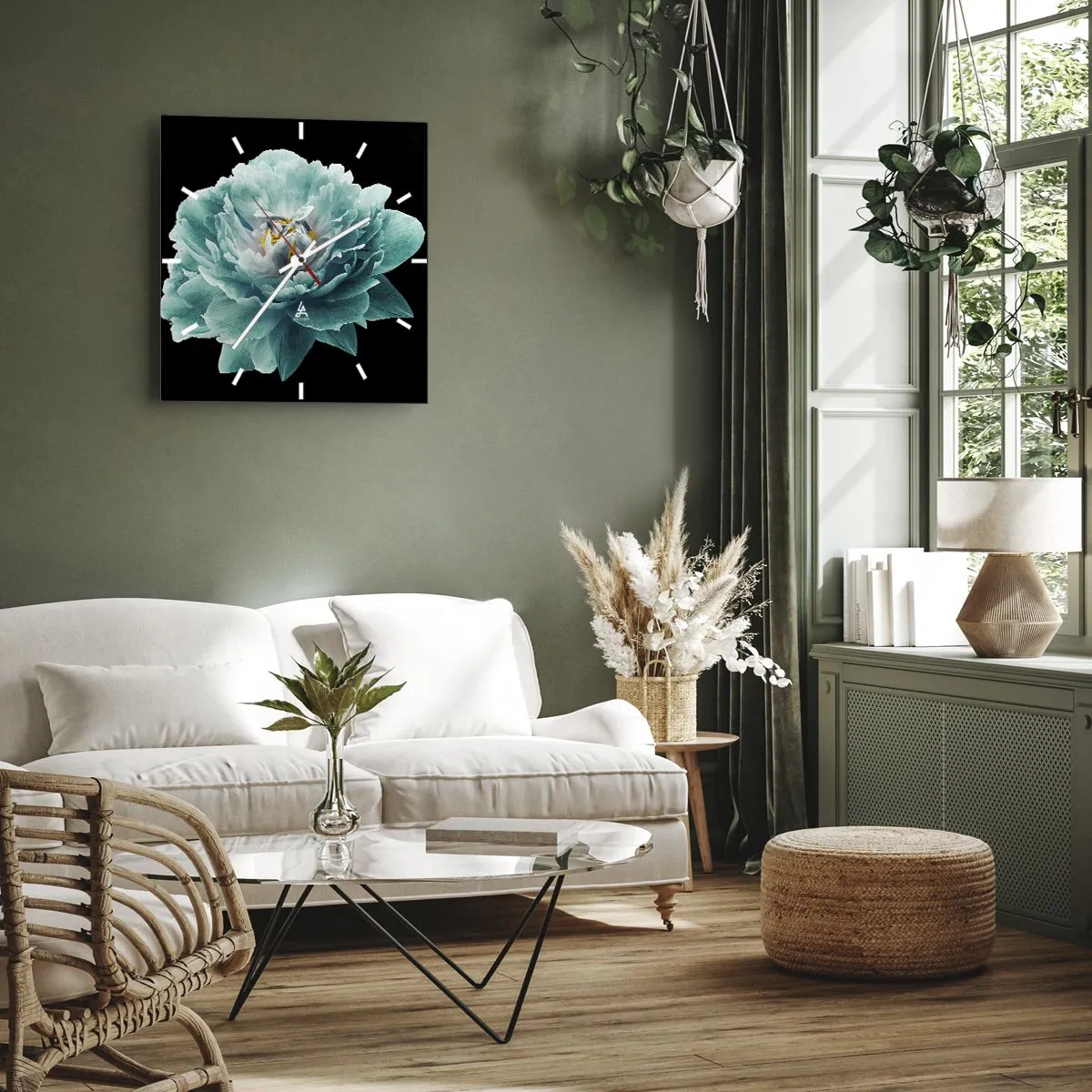 Nástenné hodiny - Modré a zlaté okvetné lístky - 40x40 cm