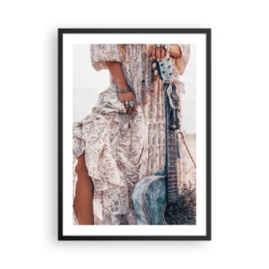 Plagát v čiernom ráme - Fragment šiat s ornamentmi a gitarou v boho štýle - 50x70cm - Kvetinové deti na ceste - Moderná nástenná dekorácia do obývacej izby a spálne ARTTOR