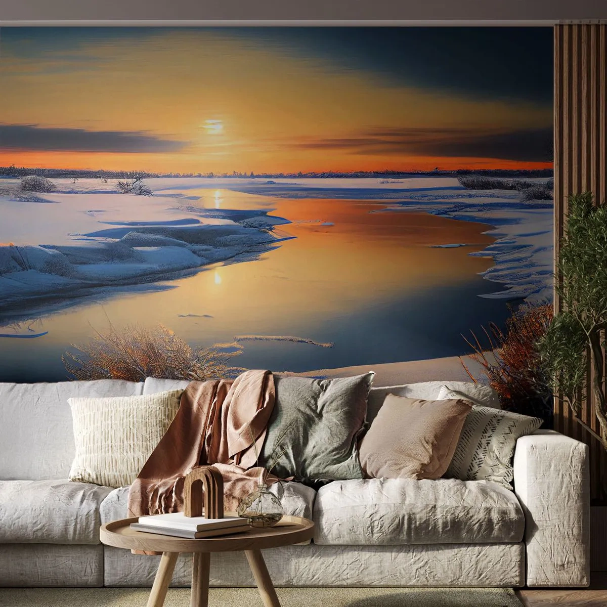 Fototapeta Premium Sand - Zimný západ slnka - Zima, Rieka, Krajina - 100x70 cm
