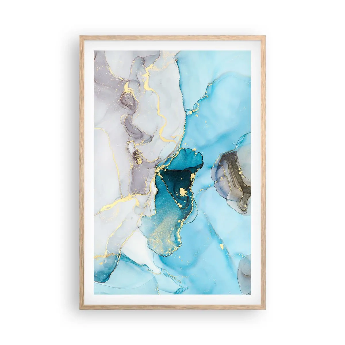 Plagát v ráme zo svetlého duba - Štúdia o stretnutí šedej a tyrkysovej - 61x91 cm