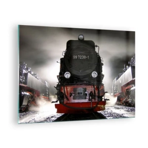Obraz na skle - Parná lokomotíva obklopená parou a svetlom - 70x50cm - Stojí a sápe, funí a fúka - Moderná nástenná dekorácia do obývacej izby a spálne ARTTOR