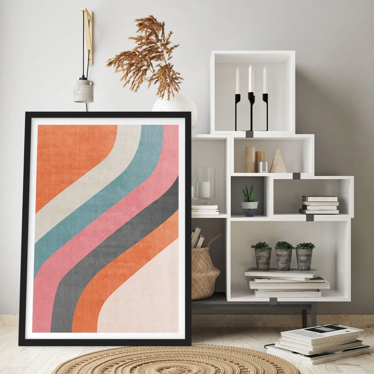 Plagát v čiernom ráme - Geometrické retro pruhy - 50x70cm - Diagonálna kompozícia – pohyb - Moderná nástenná dekorácia do obývacej izby a spálne ARTTOR