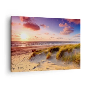 Obraz na plátne - Trávnatá pláž a západ slnka nad pokojným morom - 70x50cm - Už letom vonia vzduch - Moderná nástenná dekorácia do obývacej izby a spálne ARTTOR