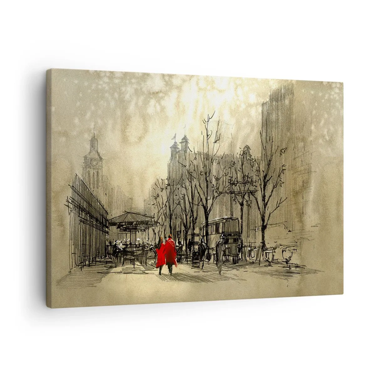 Obraz na plátne - Červená postava v nostalgickom mestskom prostredí - 70x50cm - Rande v londýnskej hmle - Moderná nástenná dekorácia do obývacej izby a spálne ARTTOR