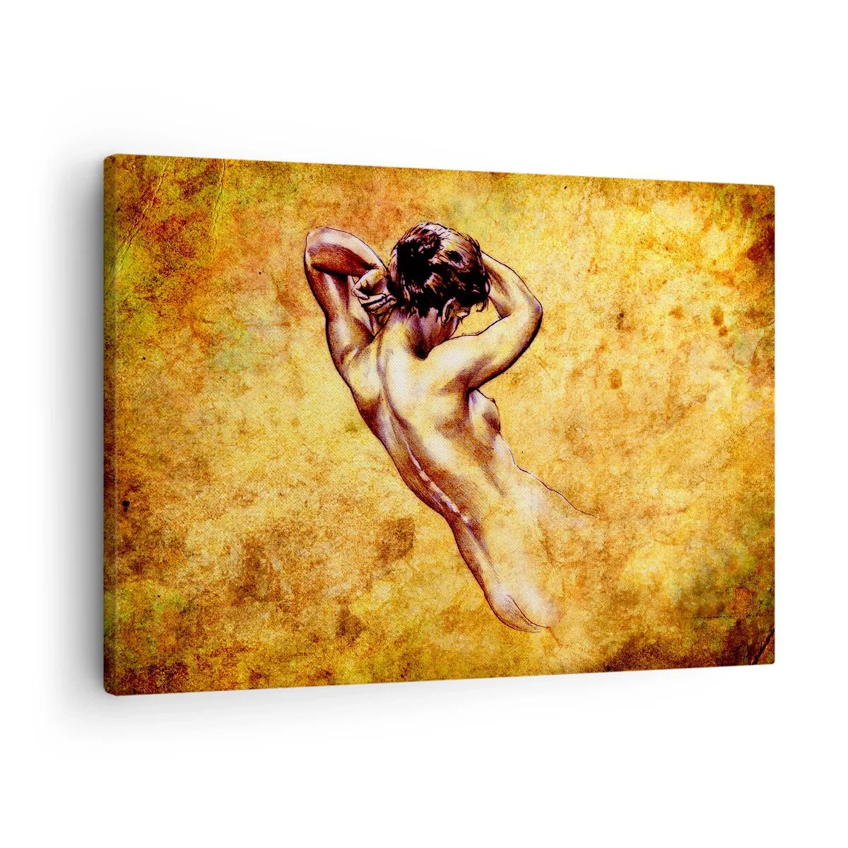 Obraz na plátne - Umelecký ženský akt na zlatom pozadí v klasickom štýle - 70x50cm - Odhalené, ale stále tajomstvo - Moderná nástenná dekorácia do obývacej izby a spálne ARTTOR