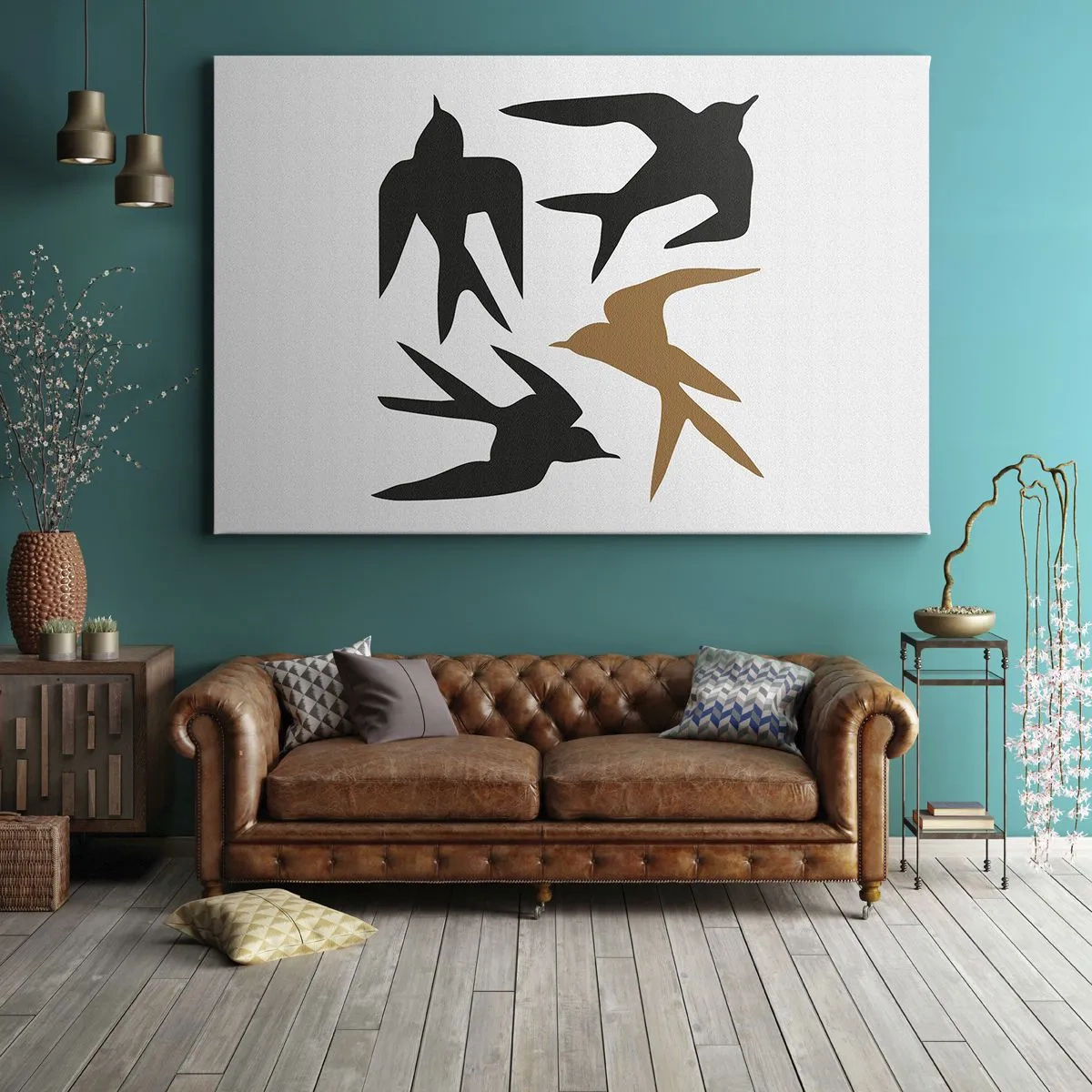 Obraz na plátne - Siluety lastovičiek v čiernej a zlatej farbe - 70x50cm - Lastovičky - Moderná nástenná dekorácia do obývacej izby a spálne ARTTOR
