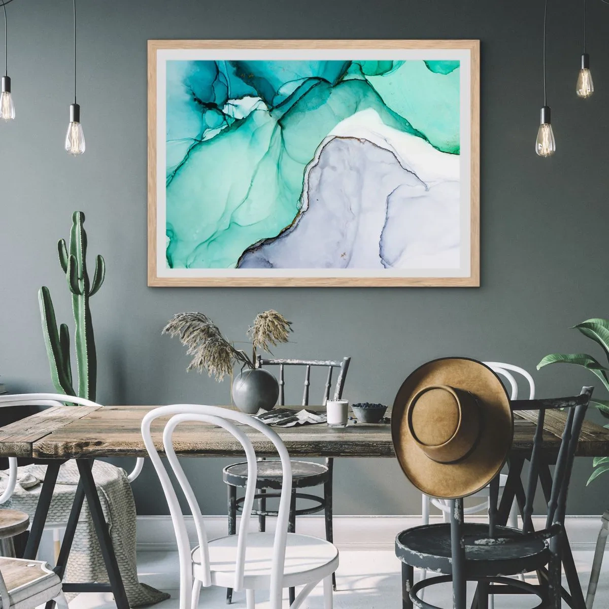 Plagát v ráme zo svetlého duba - Štúdia v tyrkysovej - 91x61 cm
