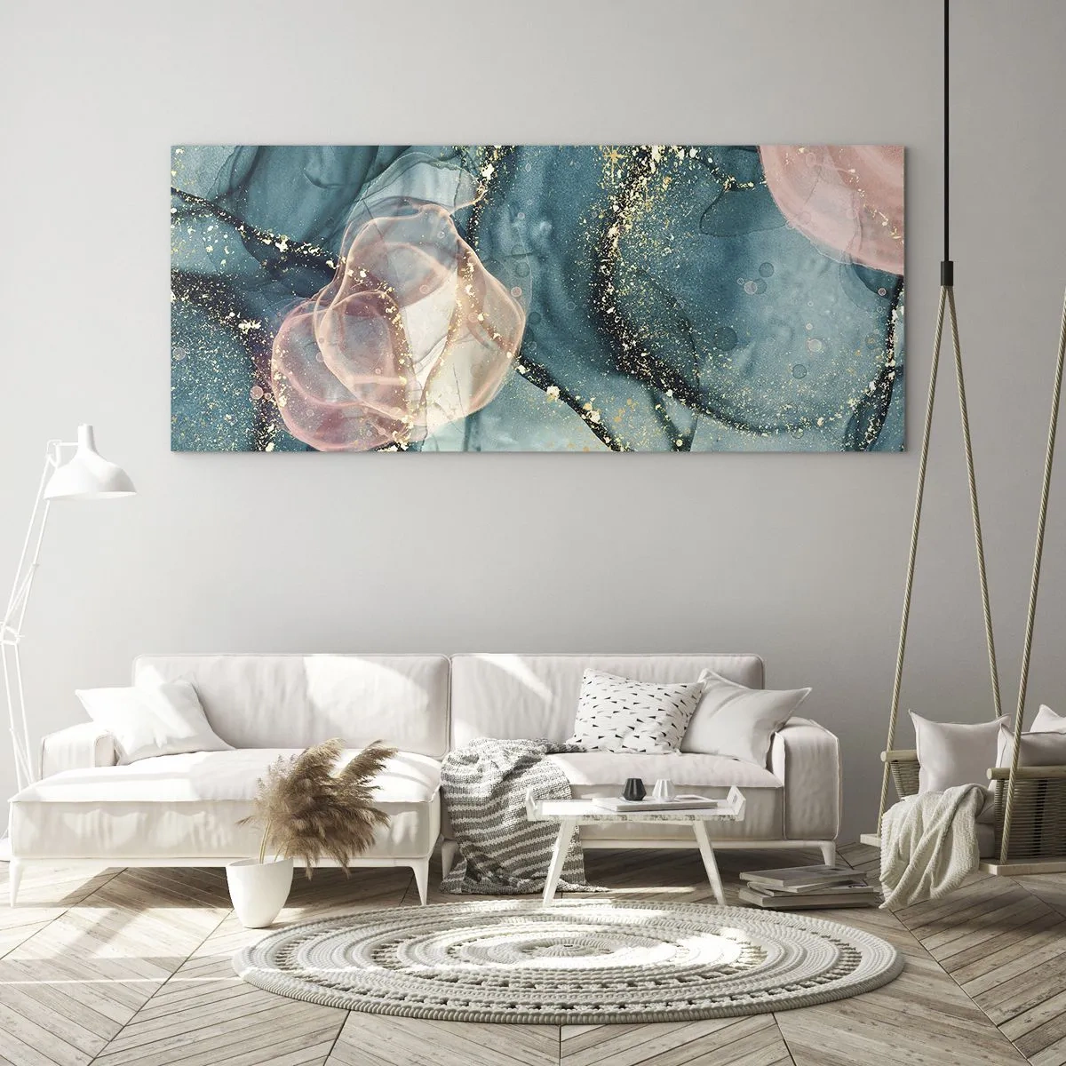 Obraz na skle - Modré hodváb modré, ružový tyl - 120x50 cm