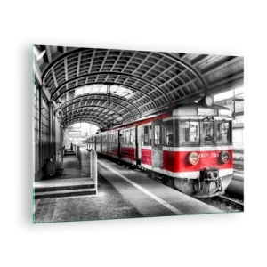 Obraz na skle - Červený vlak na stanici pod strechou - 70x50cm - Možno je to životná cesta? - Moderná nástenná dekorácia do obývacej izby a spálne ARTTOR