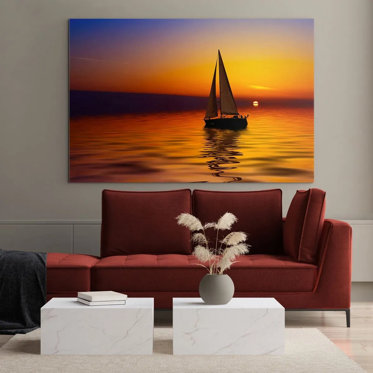Obraz na skle - Plachetnica na vode pri západe slnka - 70x50cm - Ako je tu za súmraku ticho… - Moderná nástenná dekorácia do obývacej izby a spálne ARTTOR