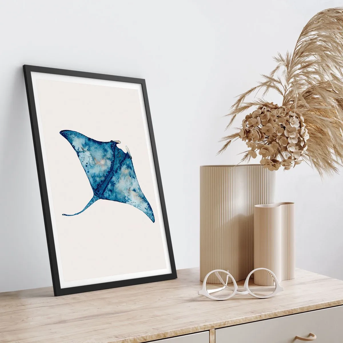 Plagát v čiernom ráme - Kresba raja v odtieňoch modrej - 50x70cm - Modrý život - Moderná nástenná dekorácia do obývacej izby a spálne ARTTOR