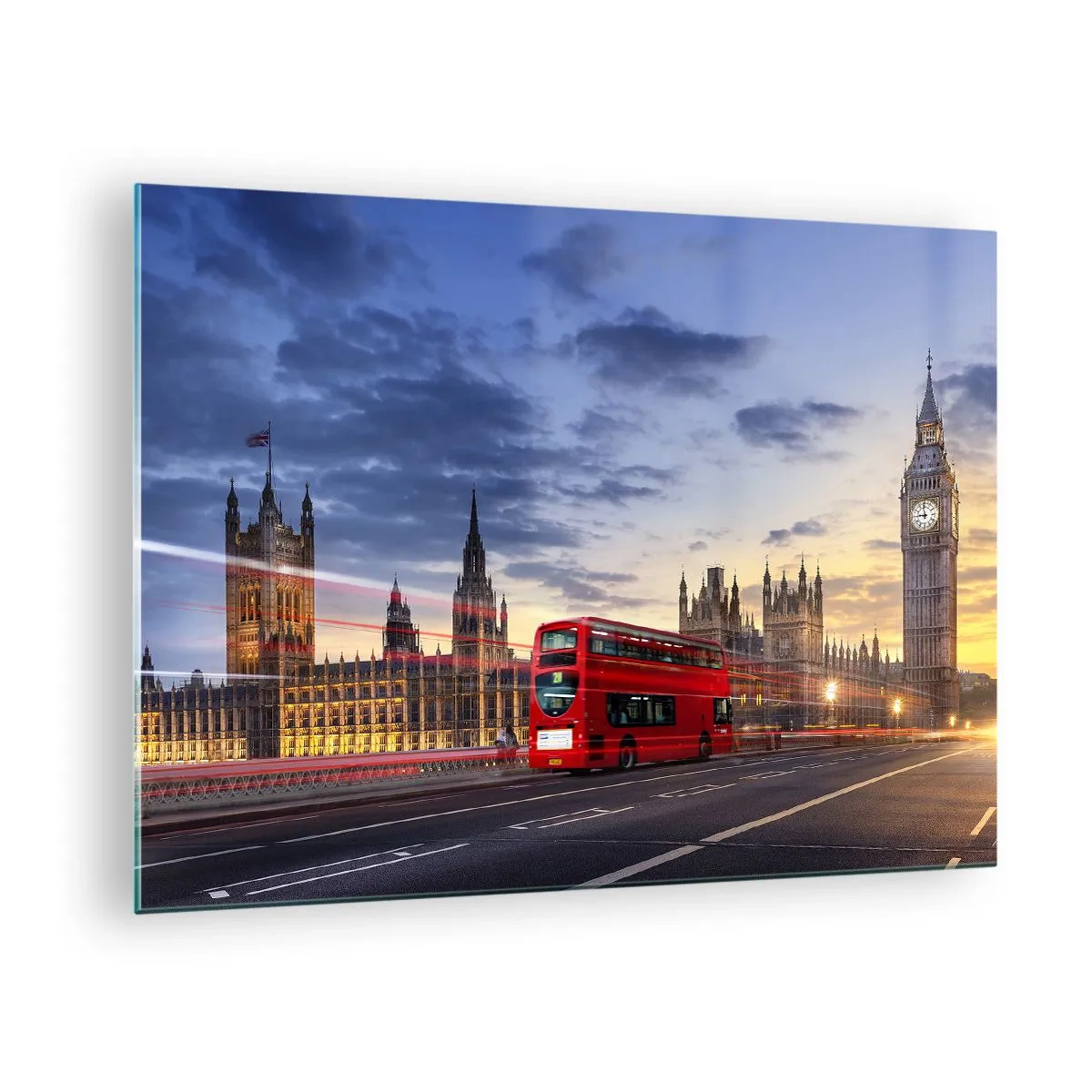 Obraz na skle - Big Ben a červený autobus v Londýne pri západe slnka - 70x50cm - Zvláštne znaky - Moderná nástenná dekorácia do obývacej izby a spálne ARTTOR