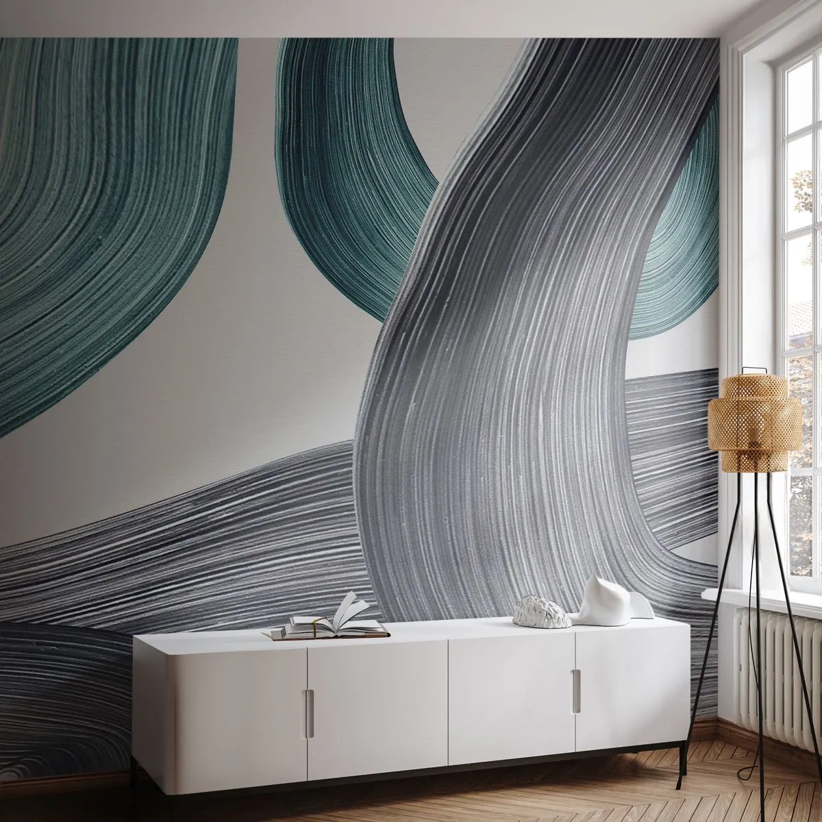 Fototapeta Premium Canvas - Smaragdové a čierne vlny - Maľovať, Kefa, Minimalizmus - 250x175 cm