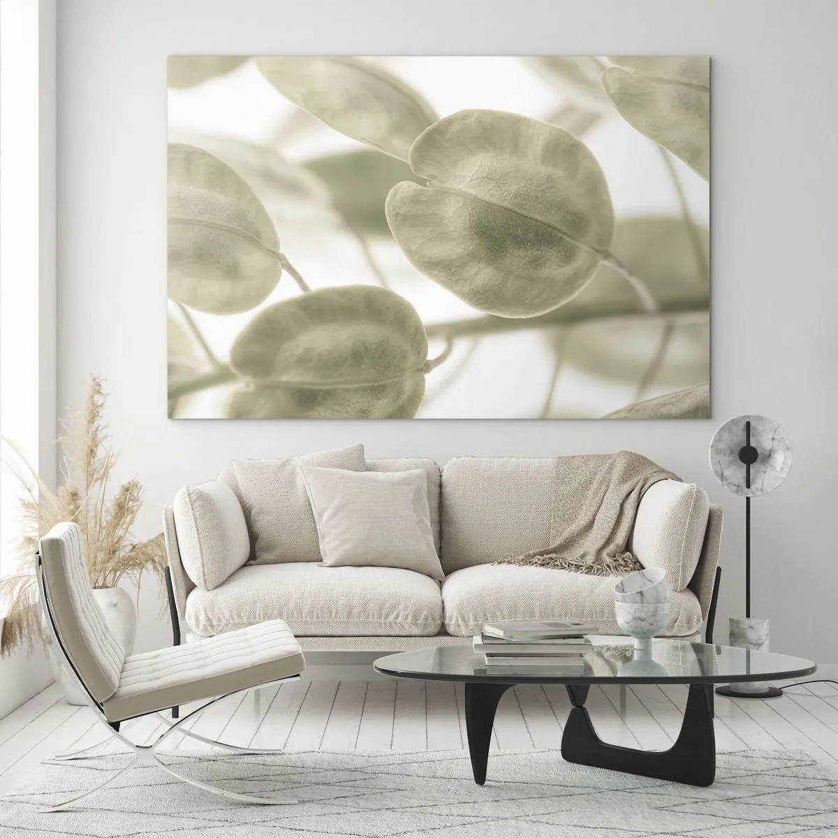 Obraz na skle - Detailný záber listov v jemných pastelových odtieňoch zelenej - 70x50cm - Na začiatku bolo lístie… - Moderná nástenná dekorácia do obývacej izby a spálne ARTTOR