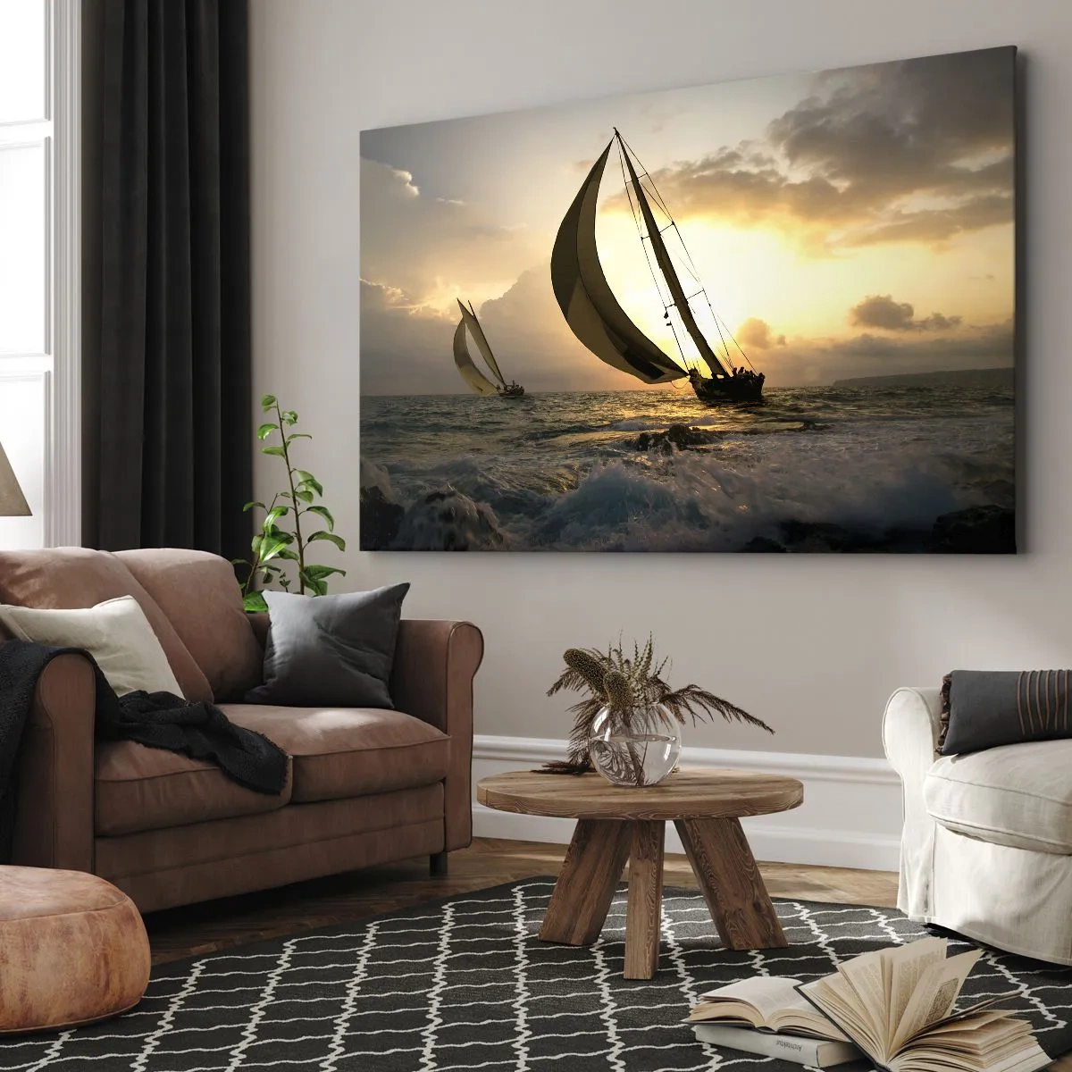 Obraz na plátne - Plachetnice na mori pri západe slnka - 70x50cm - S vetrom a proti vetru - Moderná nástenná dekorácia do obývacej izby a spálne ARTTOR