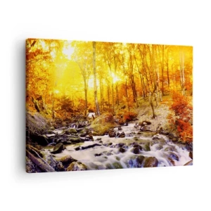 Obraz na plátne - Jesenný les s potokom medzi zlatými listami - 70x50cm - Kamene zasadené do zlata a platiny - Moderná nástenná dekorácia do obývacej izby a spálne ARTTOR