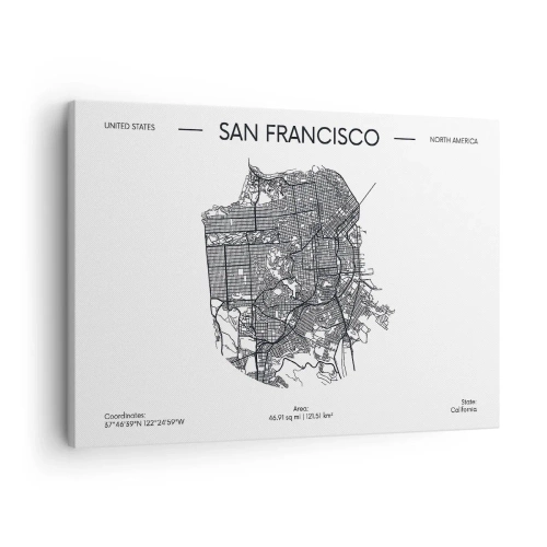 Obraz na plátne - Mapa San Francisca v čiernobielom minimalistickom štýle. - 70x50cm - Anatómia San Francisca - Moderná nástenná dekorácia do obývacej izby a spálne ARTTOR
