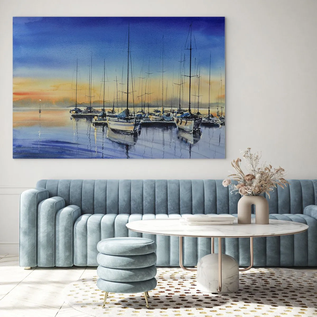 Obraz na skle - Plachetnice v prístave pri západe slnka - 70x50cm - Koniec dobrého dňa - Moderná nástenná dekorácia do obývacej izby a spálne ARTTOR