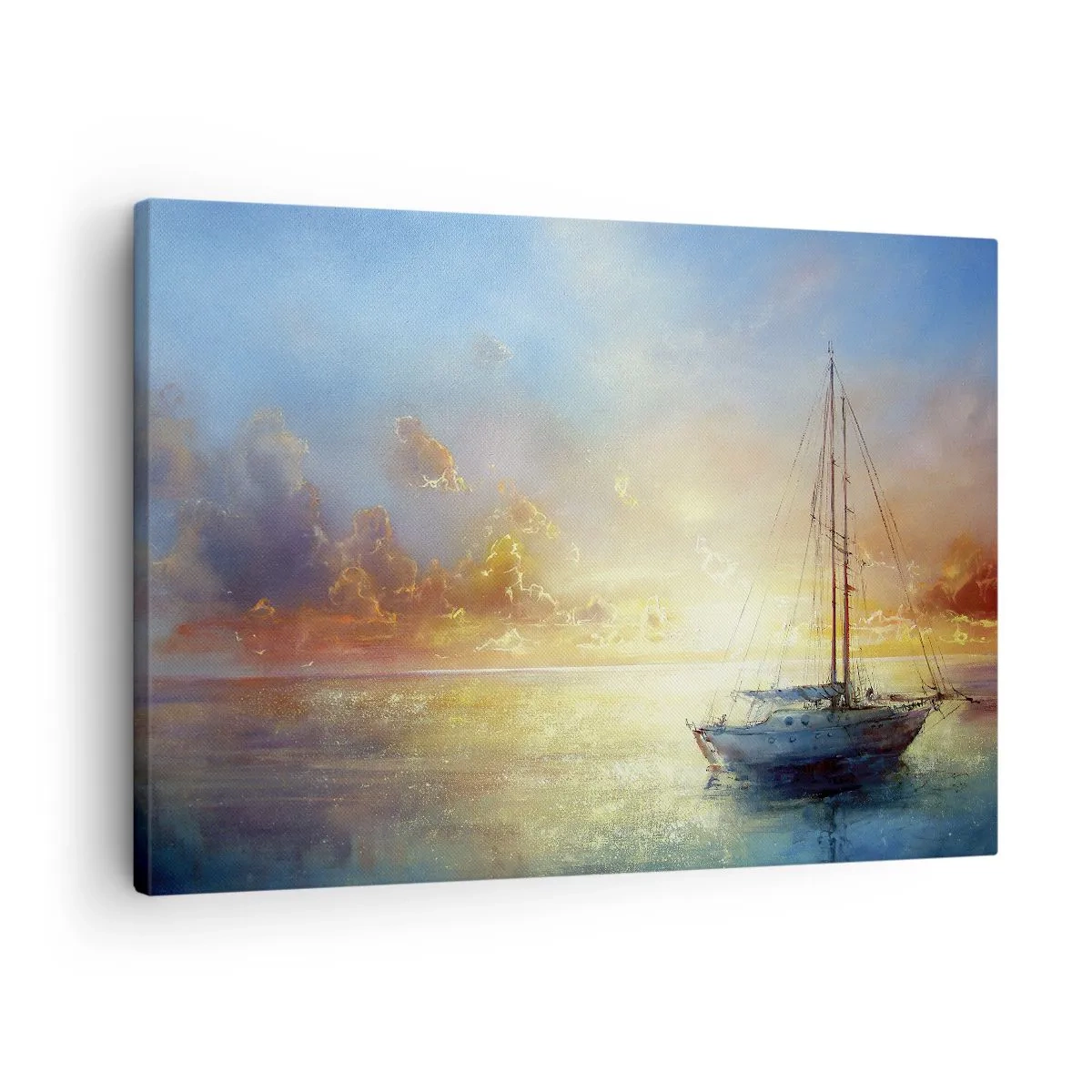 Obraz na plátne - Jachta na pokojnom mori pri západe slnka - 70x50cm - V zlatom zálive - Moderná nástenná dekorácia do obývacej izby a spálne ARTTOR