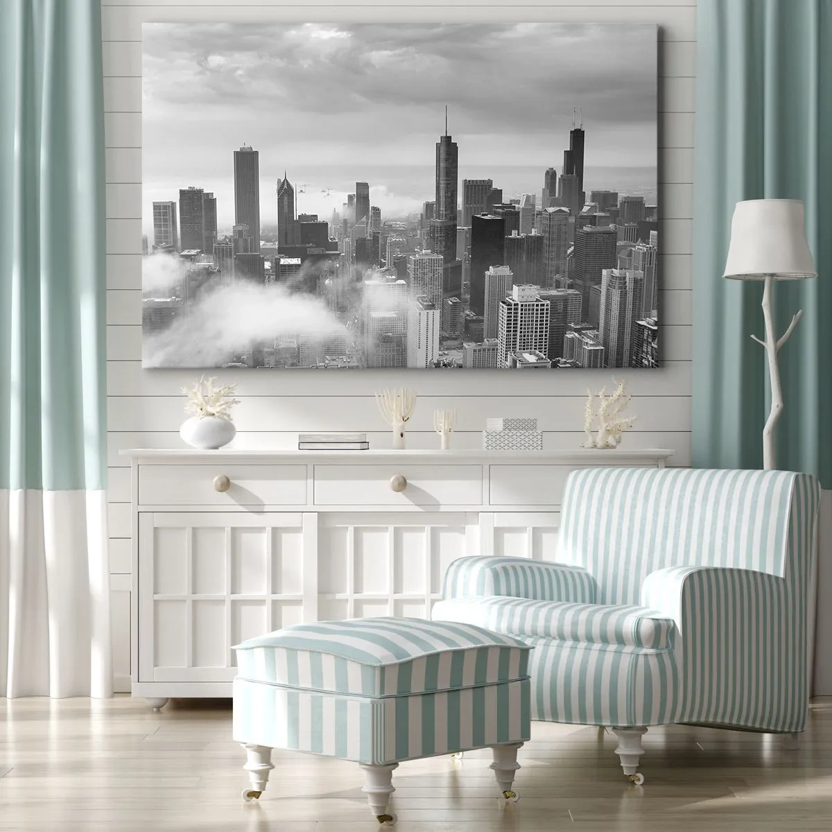 Obraz na plátne - Panoráma mesta s mrakodrapmi v oblakoch v čiernobielej farbe - 70x50cm - Americká krajina - Moderná nástenná dekorácia do obývacej izby a spálne ARTTOR