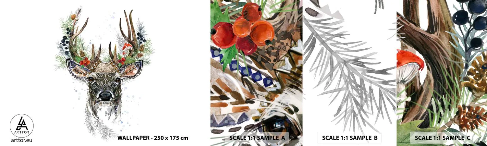Vzorka samolepiacej fototapety Deluxe Sticker - V slávnostnom rúchu - Abstrakcia, Jeleň, sobov - 100x30 cm