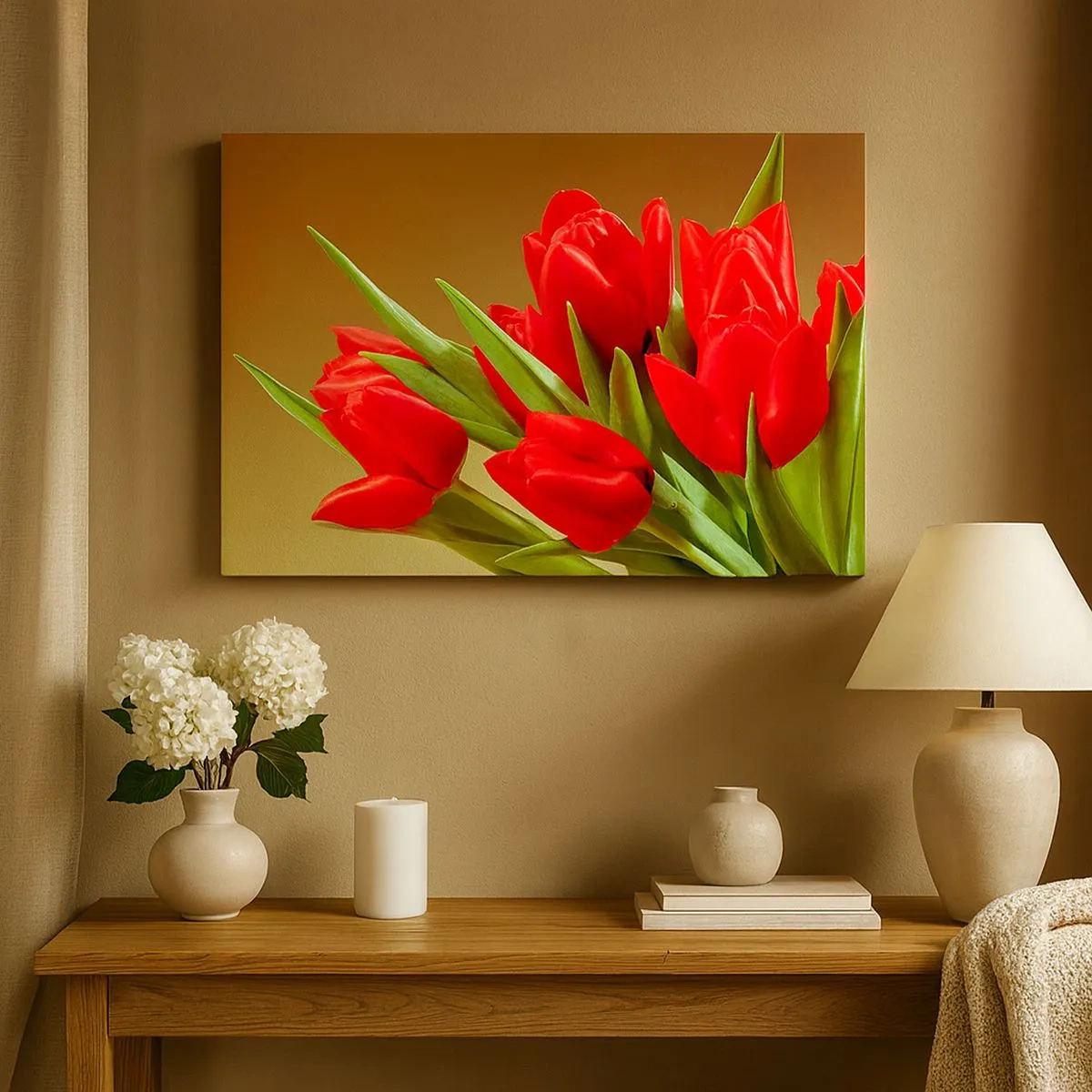 Obraz na plátne - Kytica červených tulipánov na zlatom pozadí so zelenými listami. - 70x50cm - Púčik jarnej radosti - Moderná nástenná dekorácia do obývacej izby a spálne ARTTOR