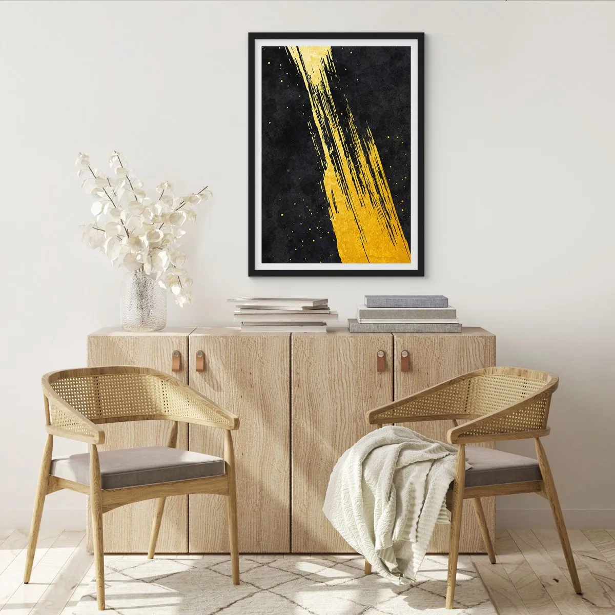 Plagát v čiernom ráme - Zlaté ťahy štetcom na čiernom pozadí - 50x70cm - Skok do hyperpriestoru - Moderná nástenná dekorácia do obývacej izby a spálne ARTTOR