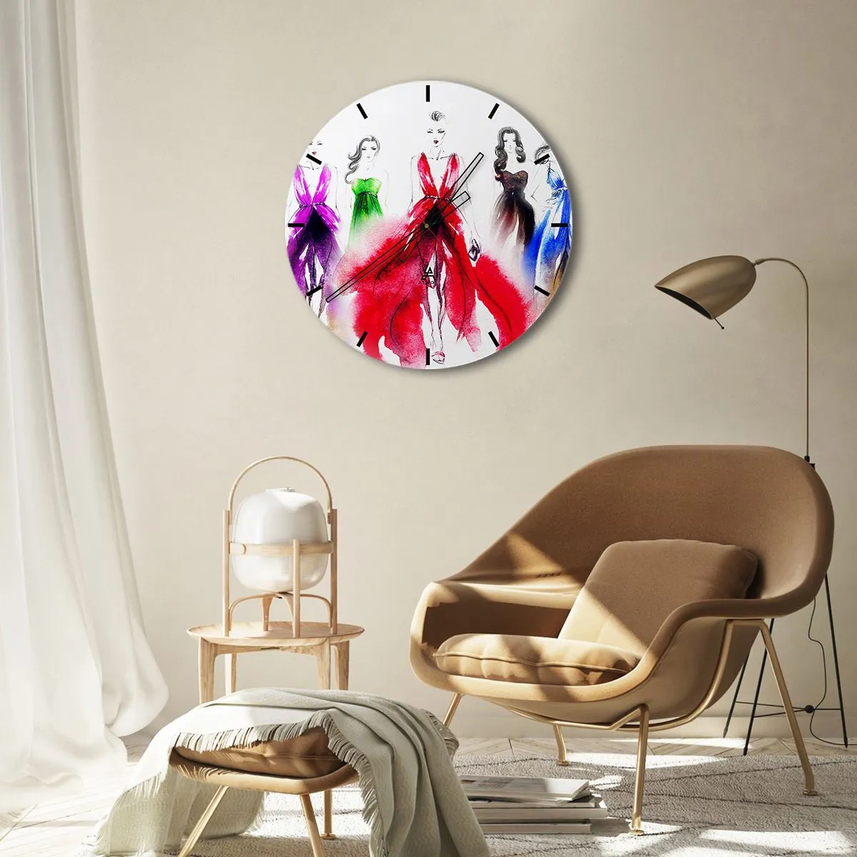 Nástenné hodiny - Siluety žien v elegantných, farebných večerných šatách - 30x30cm - Nálada na kostýmy - Moderná nástenná dekorácia do obývacej izby, kuchyne a spálne ARTTOR