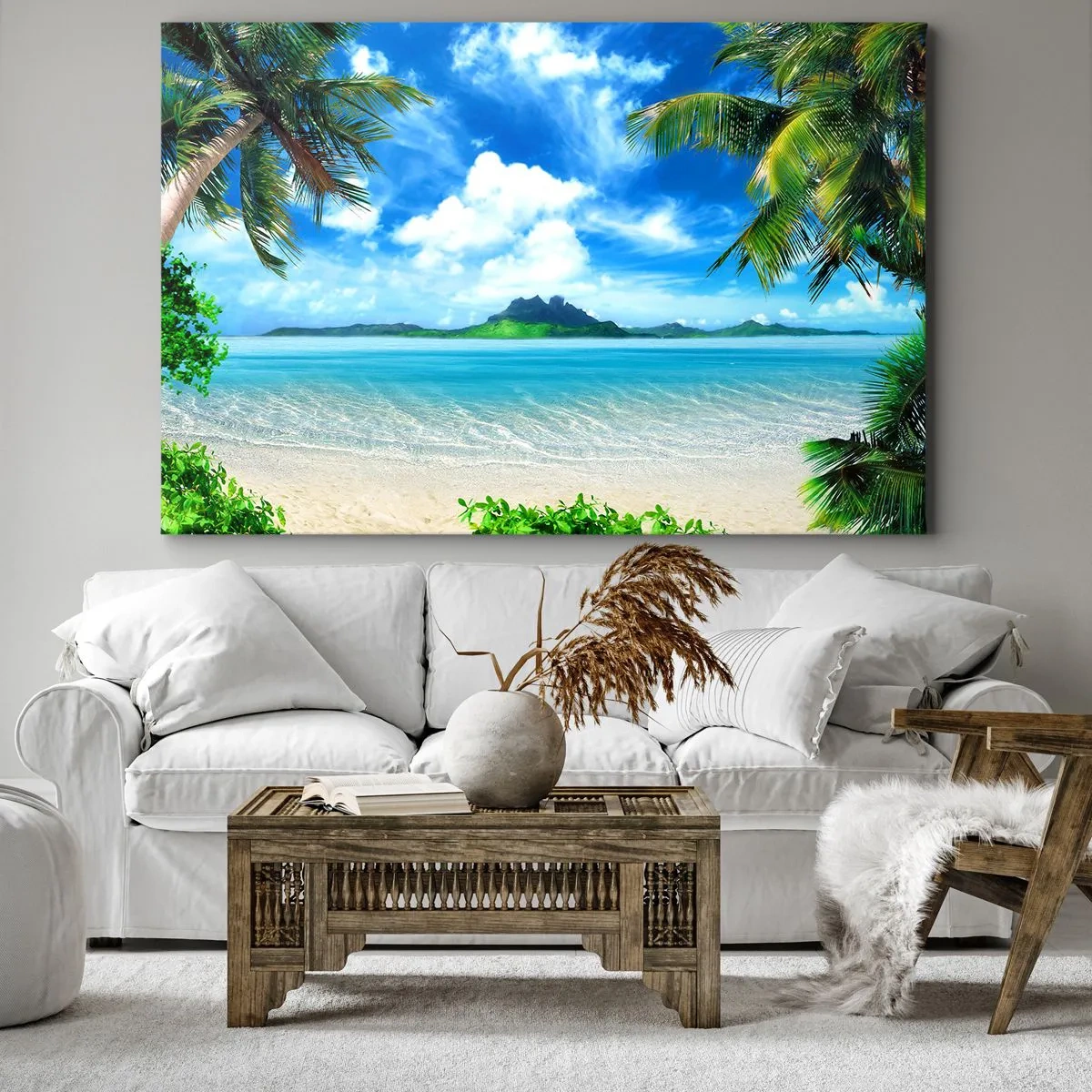 Obraz na plátne - Tropická pláž s palmami a výhľadom na ostrov - 70x50cm - Lazúr trópov - Moderná nástenná dekorácia do obývacej izby a spálne ARTTOR