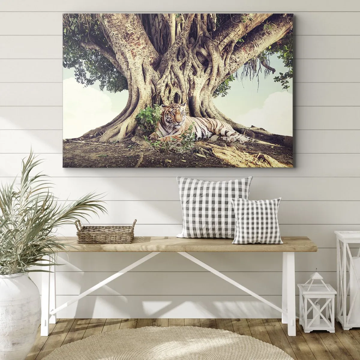 Obraz na plátne - Tiger odpočíva pod rozľahlým stromom - 70x50cm - Pohľad z knihy Mojžišovej - Moderná nástenná dekorácia do obývacej izby a spálne ARTTOR