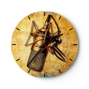Nástenné hodiny - Motív štúdiového mikrofónu na zlatom pozadí - 30x30cm - Zlaté roky rádia - Moderná nástenná dekorácia do obývacej izby, kuchyne a spálne ARTTOR