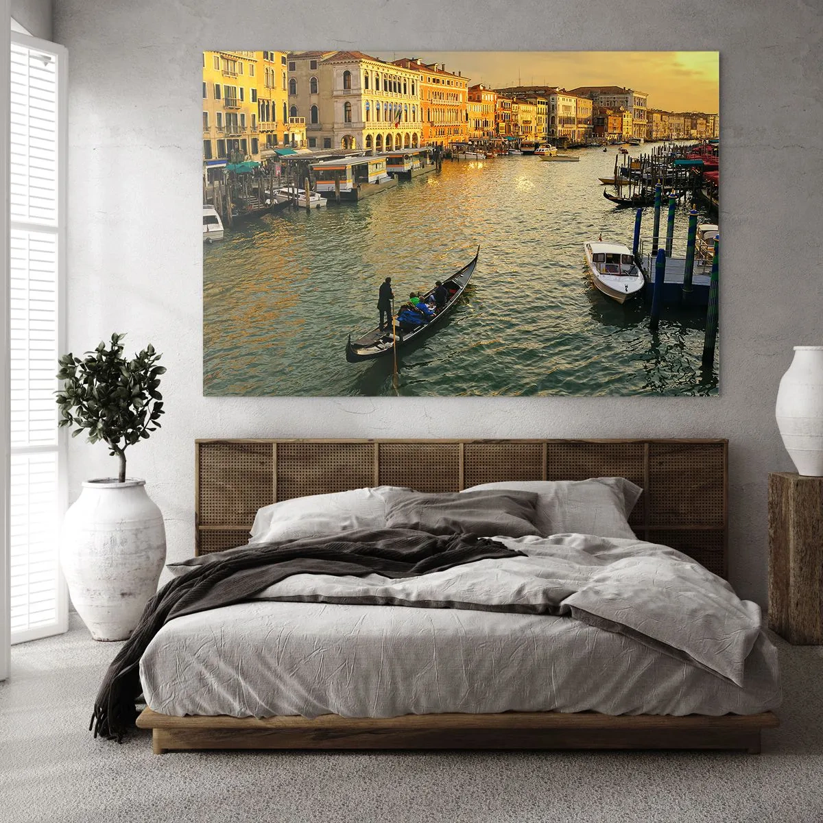 Obraz na skle - Západ slnka nad benátskym kanálom s gondolami - 70x50cm - Na slnečnej strane ulice - Moderná nástenná dekorácia do obývacej izby a spálne ARTTOR
