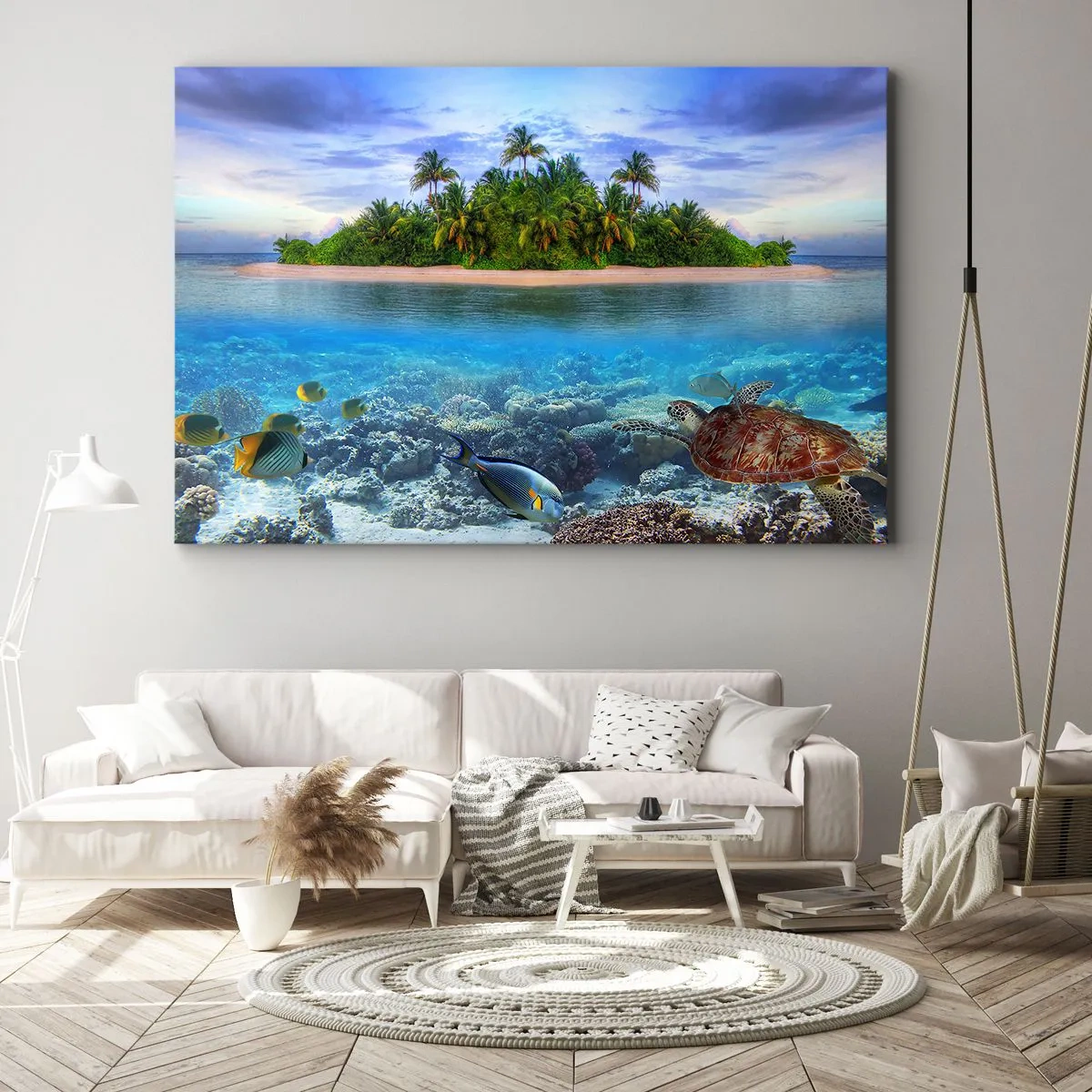 Obraz na plátne - Tropický ostrov obklopený tyrkysovým oceánom s koralovým útesom a rybami. - 70x50cm - Nebeský ostrov pozýva - Moderná nástenná dekorácia do obývacej izby a spálne ARTTOR