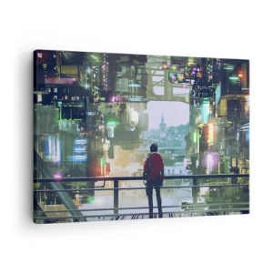 Obraz na plátne - Postava vo futuristickom meste s neónovými svetlami - 70x50cm - Dva svety - Moderná nástenná dekorácia do obývacej izby a spálne ARTTOR