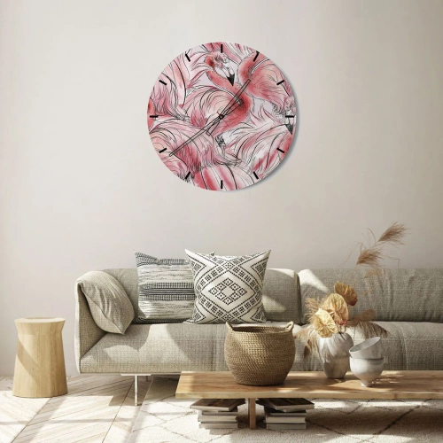 Nástenné hodiny - Ružové plameniaky v dynamickej umeleckej kompozícii - 30x30cm - Vtáči corps de ballet - Moderná nástenná dekorácia do obývacej izby, kuchyne a spálne ARTTOR