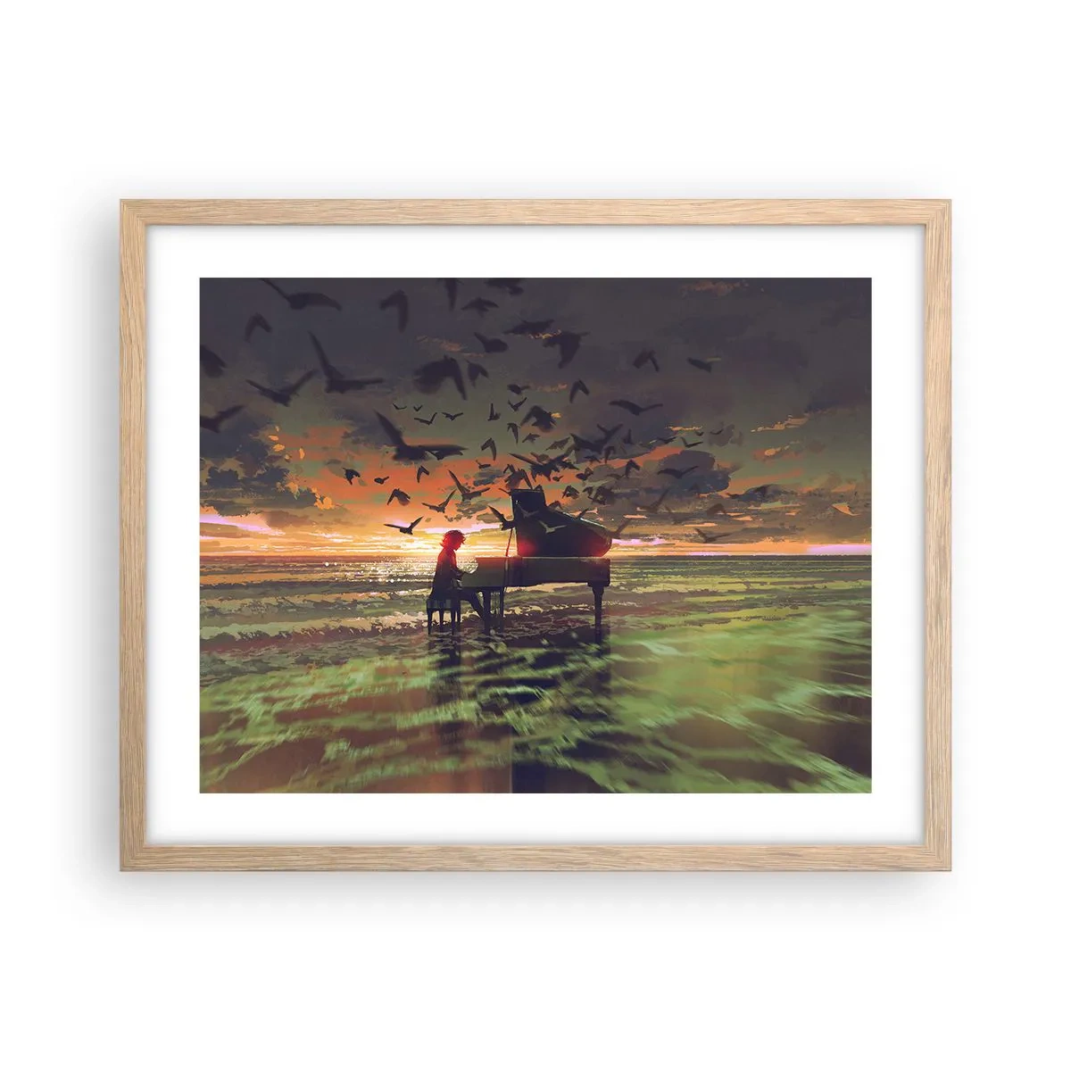 Plagát v ráme zo svetlého duba - Koncert na piano a vlny - 50x40 cm