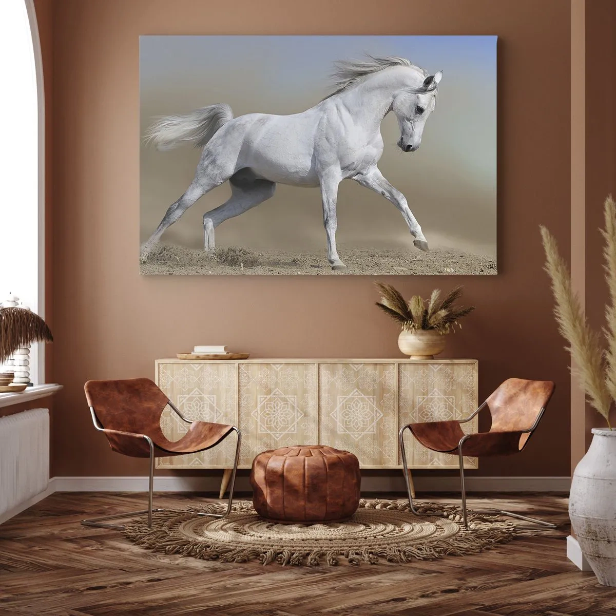 Obraz na plátne - Biely kôň cválajúci cez púštnu krajinu - 70x50cm - Najkrajšia arabská rozprávka - Moderná nástenná dekorácia do obývacej izby a spálne ARTTOR