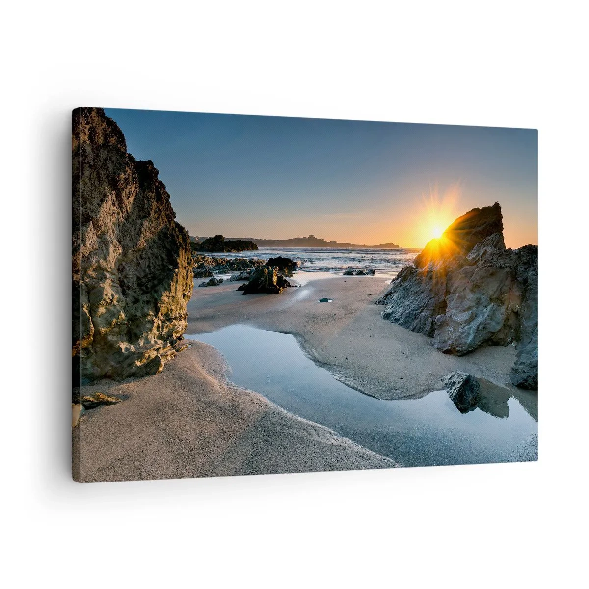 Obraz na plátne - Malebný západ slnka na skalnatej pláži - 70x50cm - Nedotknuté ľudskou rukou - Moderná nástenná dekorácia do obývacej izby a spálne ARTTOR